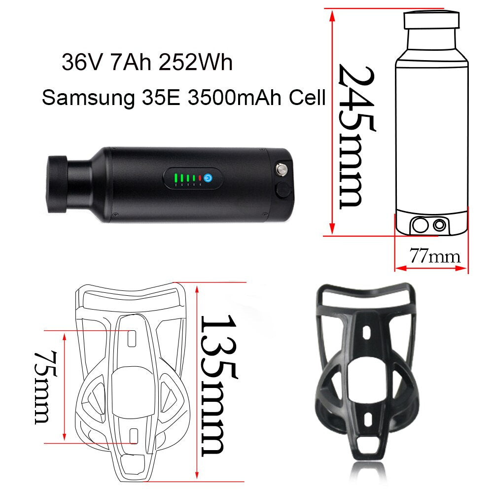 Bottle eBike Battery Pack 36V 10.5Ah 48V 7Ah With Branded San-Yo L-G Li-Ion Cell Bafang TSDZ2 750W 500W 350W 250W Mini Batteries