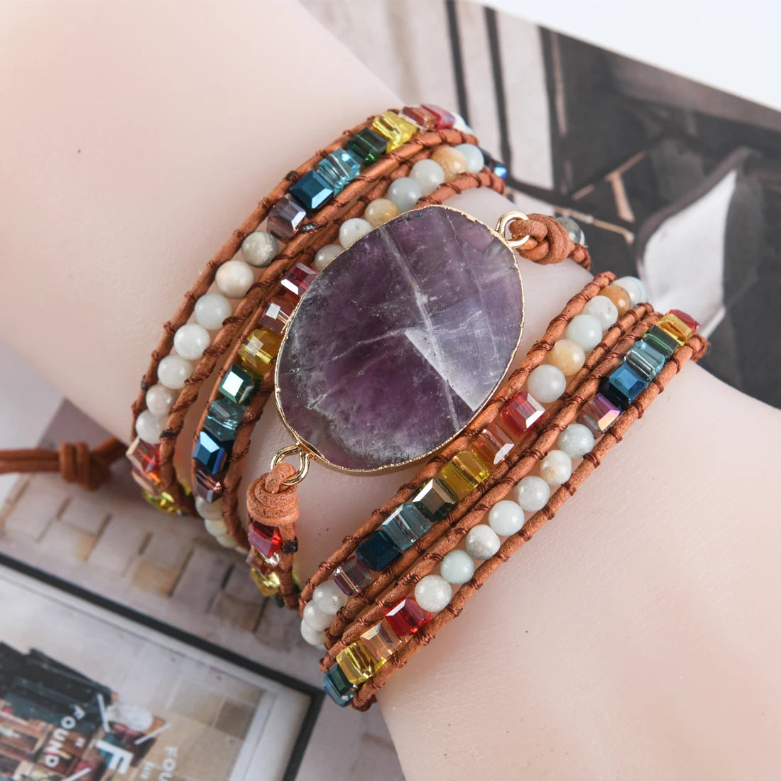 Newest Unique Chakra Natural Stones Charm 5 Strands Wrap Bracelets Handmade Boho Bracelet Women Leather Bracelet