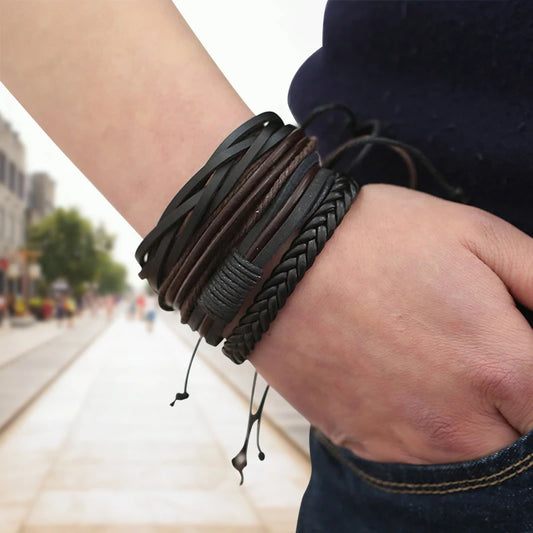 Multilevel Braided Wrap Leather Bracelets for Men Vintage Leather Bracelet Charm Wood Beads Ethnic Wristbands