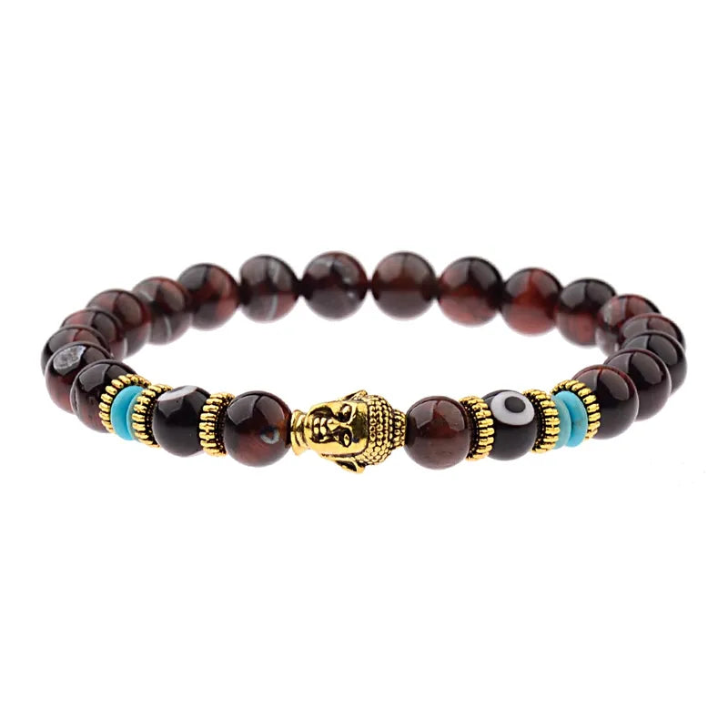 Charm Buddha&Evil Eye Bracelet Women 8mm Elastic Round Bright Black Stone Chakra Bracelets Men Erkek Bileklik Homme