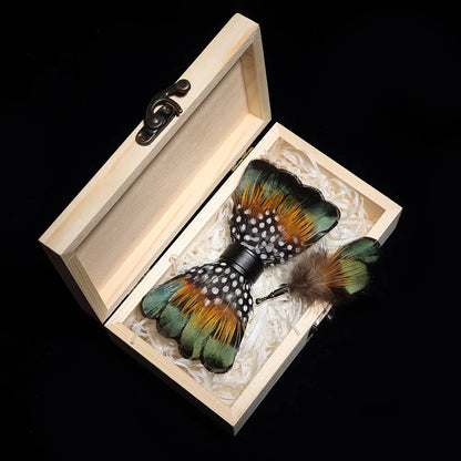 KAMBERFT Design Handmade Feather Bow Tie Brooch Wooden Box Set High Quality Men's Bowtie Leather Tie for Wedding Party Banquet