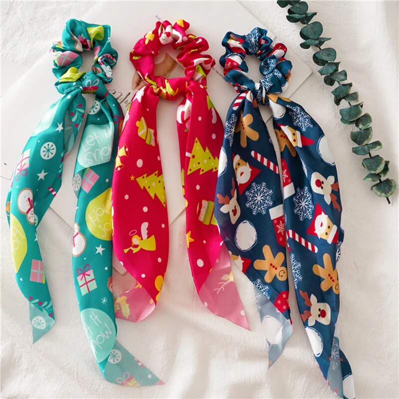 Santa Claus Bows Hair Scrunchies Long Ribbon Ponytail Scarf  Hair Tie Women Girls Elastic Hair Bands Christmas Hair Accessories