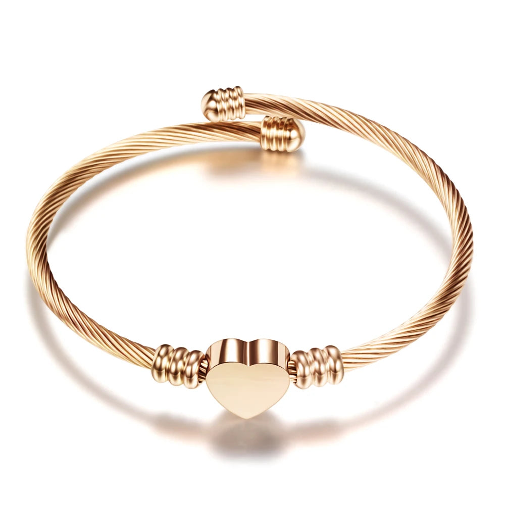 Fashion 3Colors Jewelry Women's Bijoux Bangles Stainless Steel Twisted Cable Wire Heart Charm Bracelet Bangle for Design