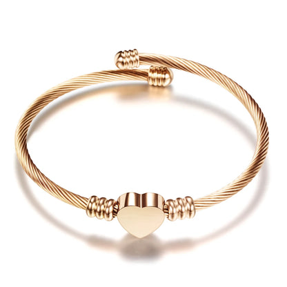 Fashion 3Colors Jewelry Women's Bijoux Bangles Stainless Steel Twisted Cable Wire Heart Charm Bracelet Bangle for Design