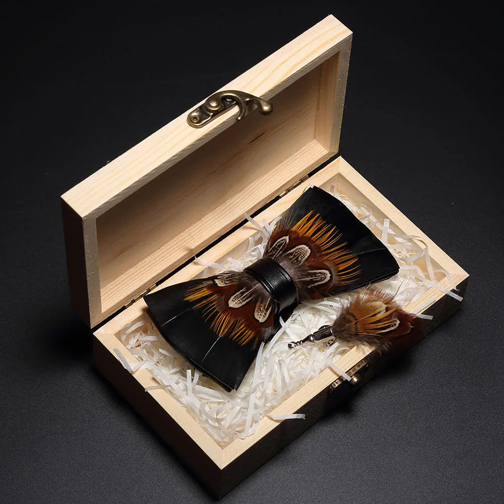 KAMBERFT Design Handmade Feather Bow Tie Brooch Wooden Box Set High Quality Men's Bowtie Leather Tie for Wedding Party Banquet