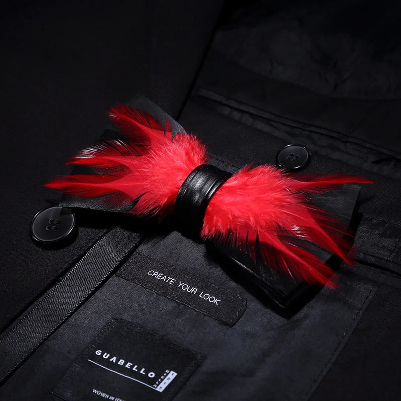 KAMBERFT Designer Brand Handmade Feather and Leather Pre-Tied Bow Tie and Brooch Sets for Men Wedding Party Best Cravate