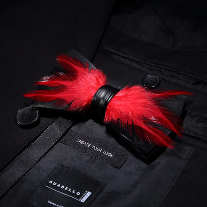 KAMBERFT Designer Brand Handmade Feather and Leather Pre-Tied Bow Tie and Brooch Sets for Men Wedding Party Best Cravate