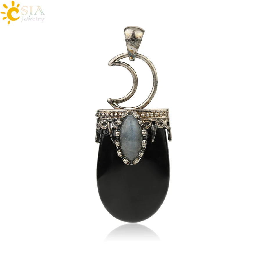 CSJA Natural Stone Crystal Pendants Necklace Antique Silver Color Purple Pink Quartz Necklace Jewelry Crown Moon Charm G274