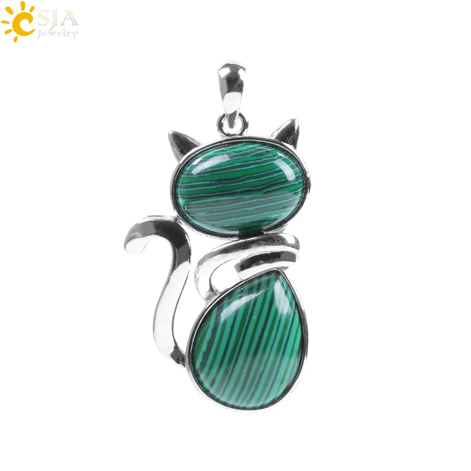 CSJA Chakra Natural Stone Pendant Cute Cat Pendants Suspension for Girl Green Aventurine Pink Crystal Cat Wisiorek Jewelry F072