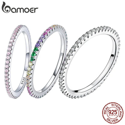 BAMOER Classic 925 Sterling Silver High Quality Circle Clear CZ Geometric Stackable Rings for Women Wedding Jewelry