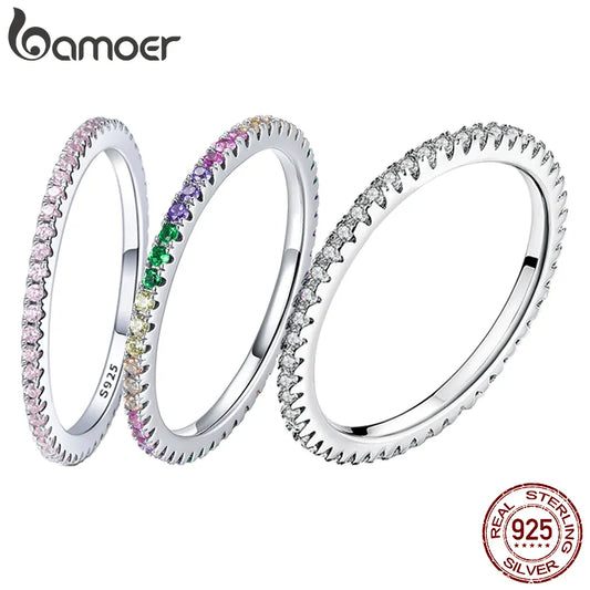 BAMOER Classic 925 Sterling Silver High Quality Circle Clear CZ Geometric Stackable Rings for Women Wedding Jewelry