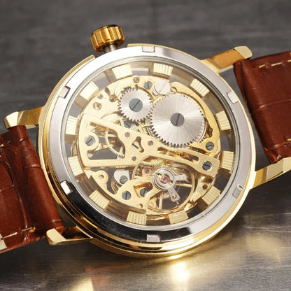 Casual New Fashion SEWOR Brand Skeleton Men Male Military Army Clock Classic Luxury Gold Mechanical Hand Wind Wrist Watch