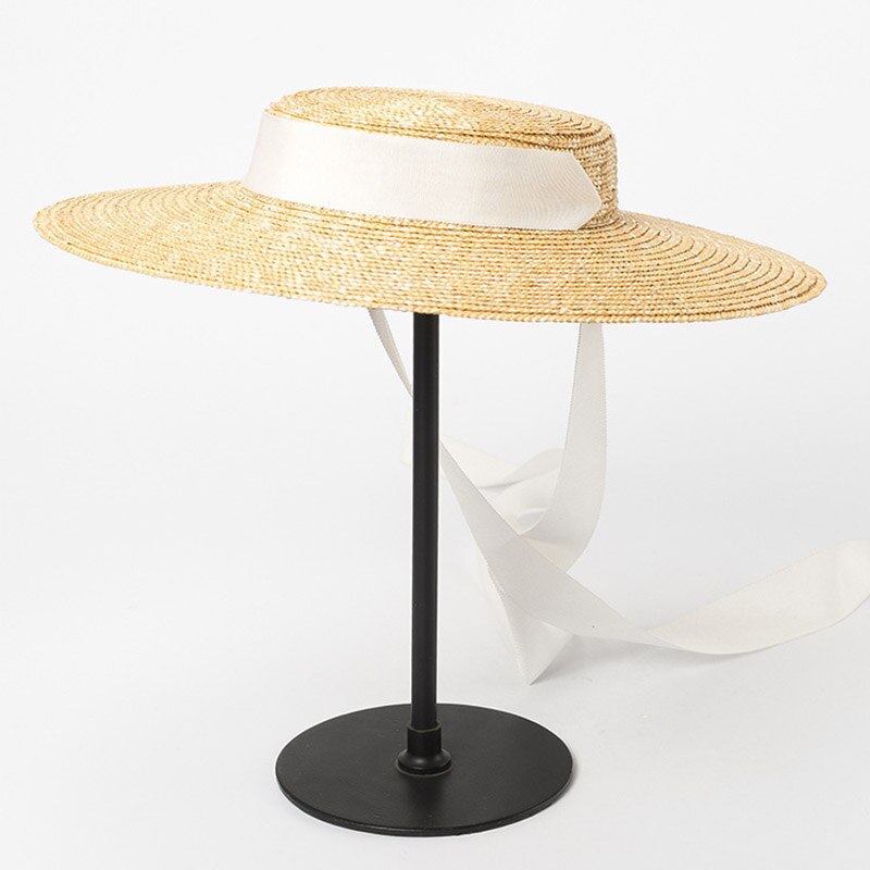 Wide Brim Boater Hat 10cm 15cm Brim Straw Hat Flat Women Summer Kentucky Derby Hat White Black Ribbon Tie Sun Hat Beach Cap