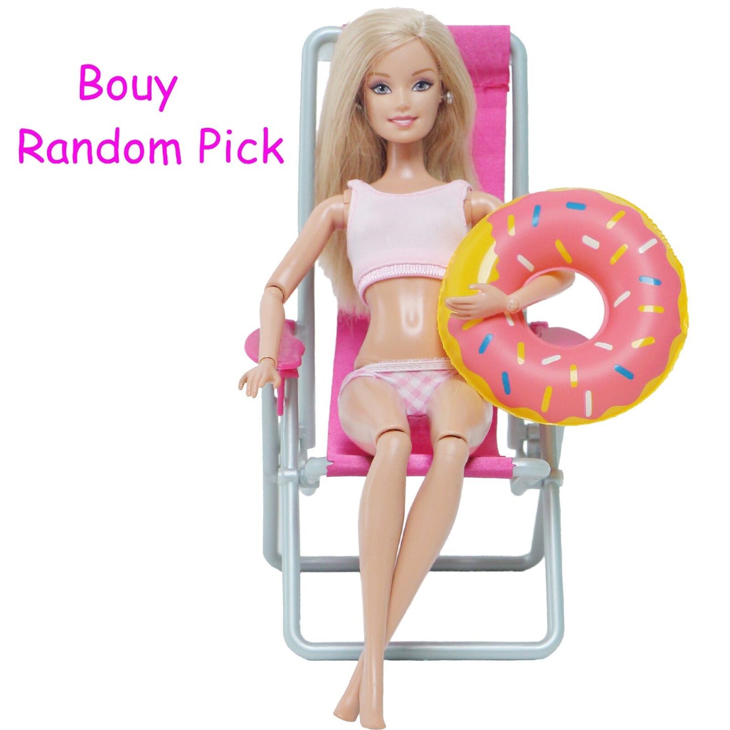 3 Pcs/Lot = 1x Swimsuit Bikini + 1x Random Swimming Buoy Lifebelt Ring +1x Pink Foldable Beach Chair Accessories for Barbie Doll
