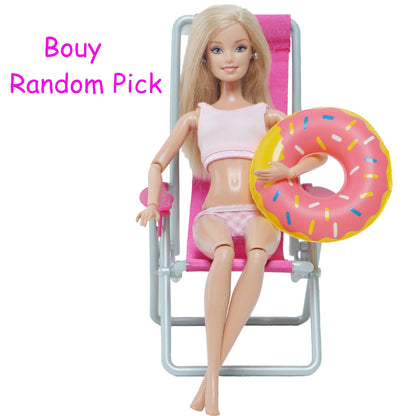 3 Pcs/Lot = 1x Swimsuit Bikini + 1x Random Swimming Buoy Lifebelt Ring +1x Pink Foldable Beach Chair Accessories for Barbie Doll