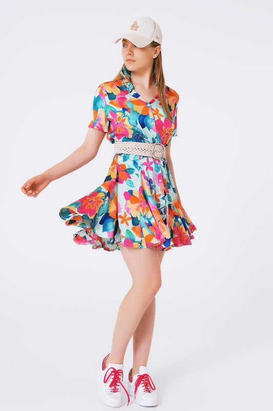 Soft Satin Mini Dress With Flower Print