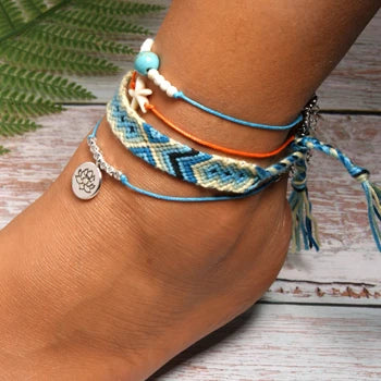 MOON GIRL Handmade Weave Bobo Lotus Anklet Set Fashion Starfish 4 Pieces Bohemian Chic Summer Bracelet Ankle for Women