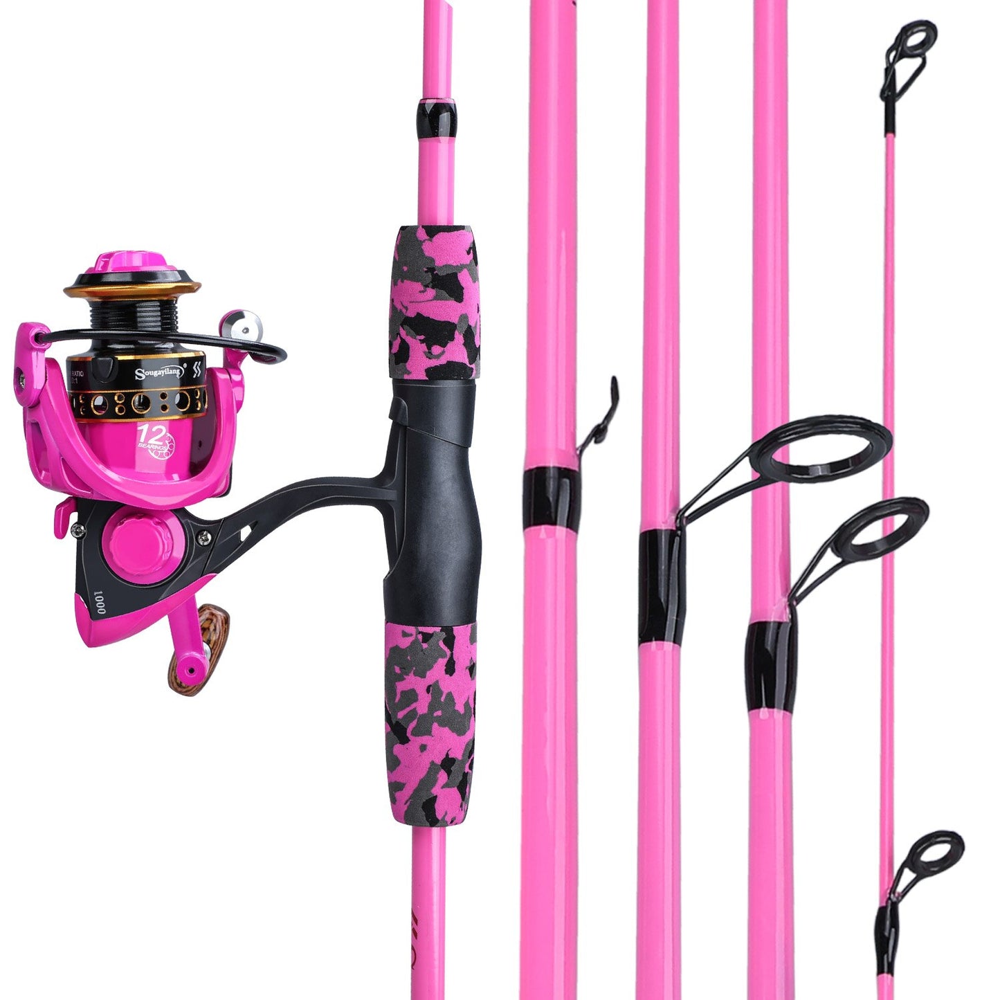 Sougayilang 5 Section Red/Yellow Fishing Set 170cm Fishing Rod and YW/OE1000-3000 Spinning Reel Portable Travel Fishing Combo