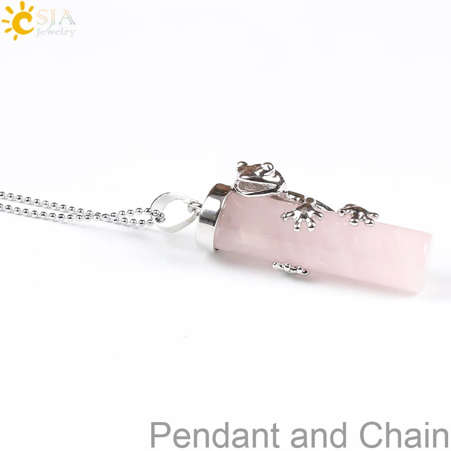 CSJA Pink Quartz Gem Power Statement Necklace Male Female Jewelry Natural Gem Stone Pendant Lovely Frog Jewellery E184