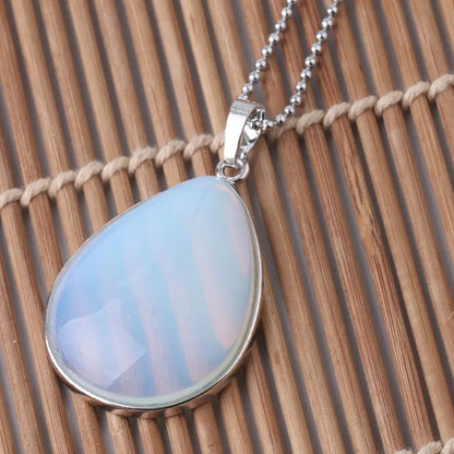 CSJA Natural Stone Pendants  Tiger Eye Pink Quartz Purple Crystal Lapis Necklace Water Drop Flat Bead Women Healing Jewelry F982
