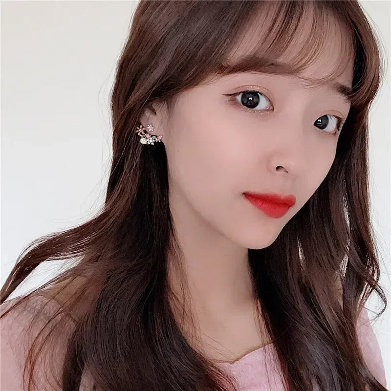Korean Jewelry Fresh Cute Hook Drop Oil Flower Stud Earrings Crystal Earring for Women