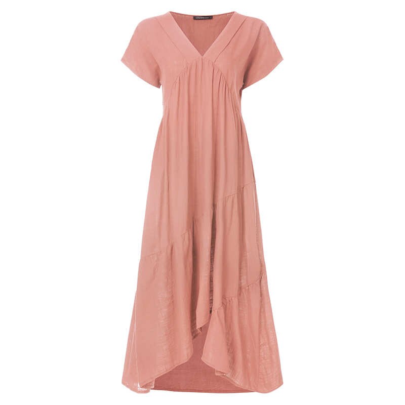Bohemian Summer Womens Sundress ZANZEA Fashion v Neck Midi Vestidos Female Solid Ruffle Dresses Asymmetrical Robe