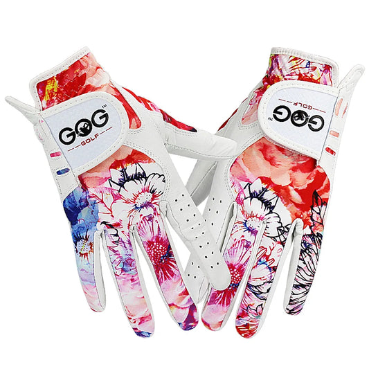GOG Golf Glove Women, Sheepskin Leather Printed Pattern Color , Soft Fit Good Grip ,Ladies Left Right Both Hand (1 Pair) Gloves