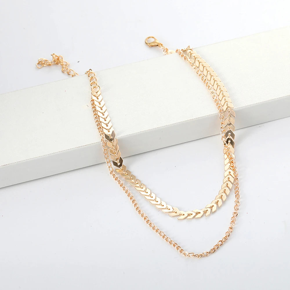 2024 New Chain Choker Two Layers Necklaces Fishbone Airplane Shape Gold Color Necklace Flat Chain Jewelry
