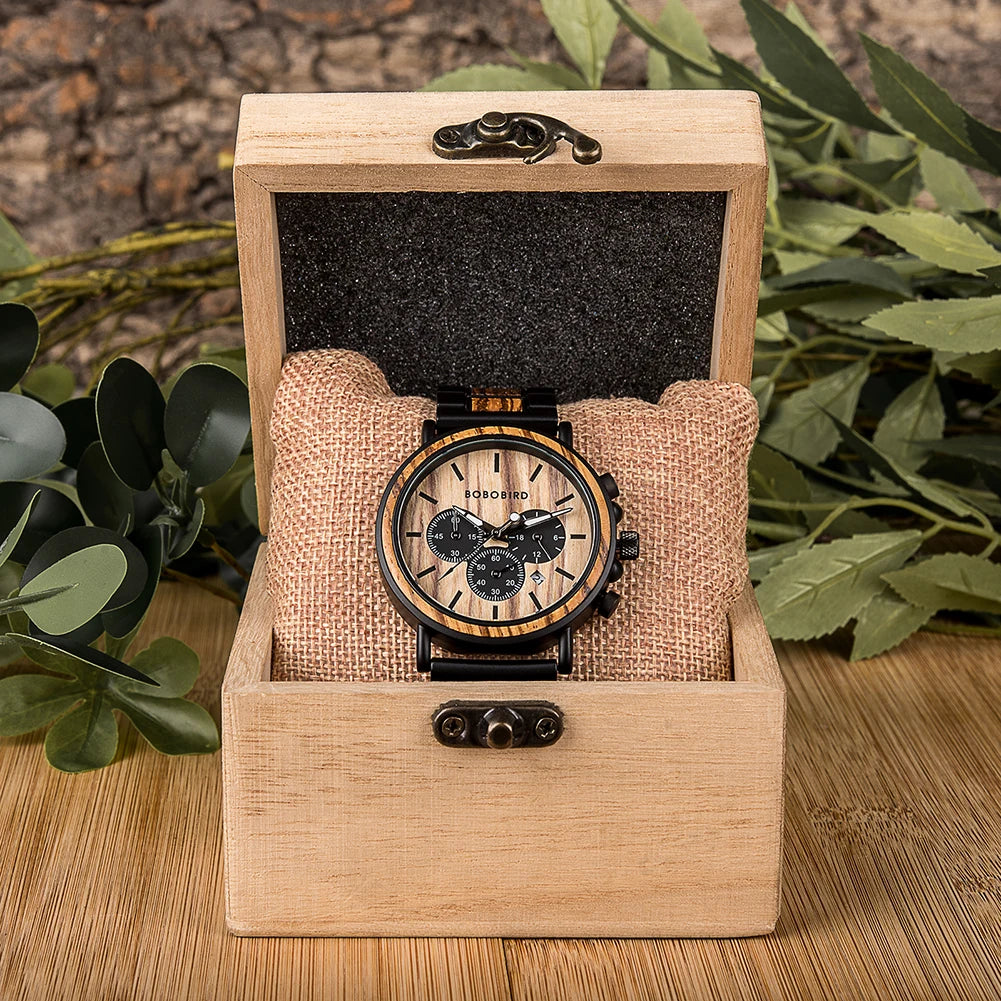 BOBO BIRD P09 Wood and Stainless Steel Watches Mens Chronograph Wristwatches Luminous Hands Stop Clock