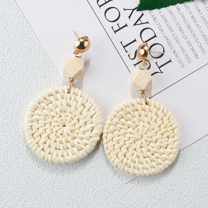 AENSOA Multiple 27 Style Korea Handmade Wooden Straw Weave Rattan Vine Braid Drop Earrings New Geometric Long Earrings