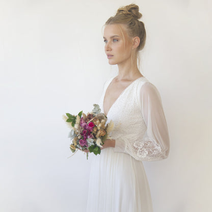 Bestseller Ivory Wrap Lace Wedding Dress With Chiffon Mesh Sleeves #1352