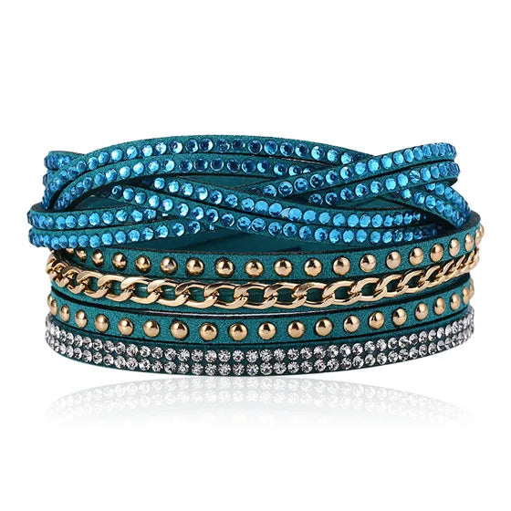 HOCOLE Fashion Gem Rhinestone Magnetic Leather Bracelets & Bangles Bohemian Handmade Multilayer Wrap Jewelry Women Pulseira