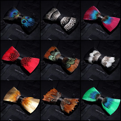 JEMYGINS Bowtie Natural Brid Feather Exquisite Hand Made Men Bow Tie Brooch Pin