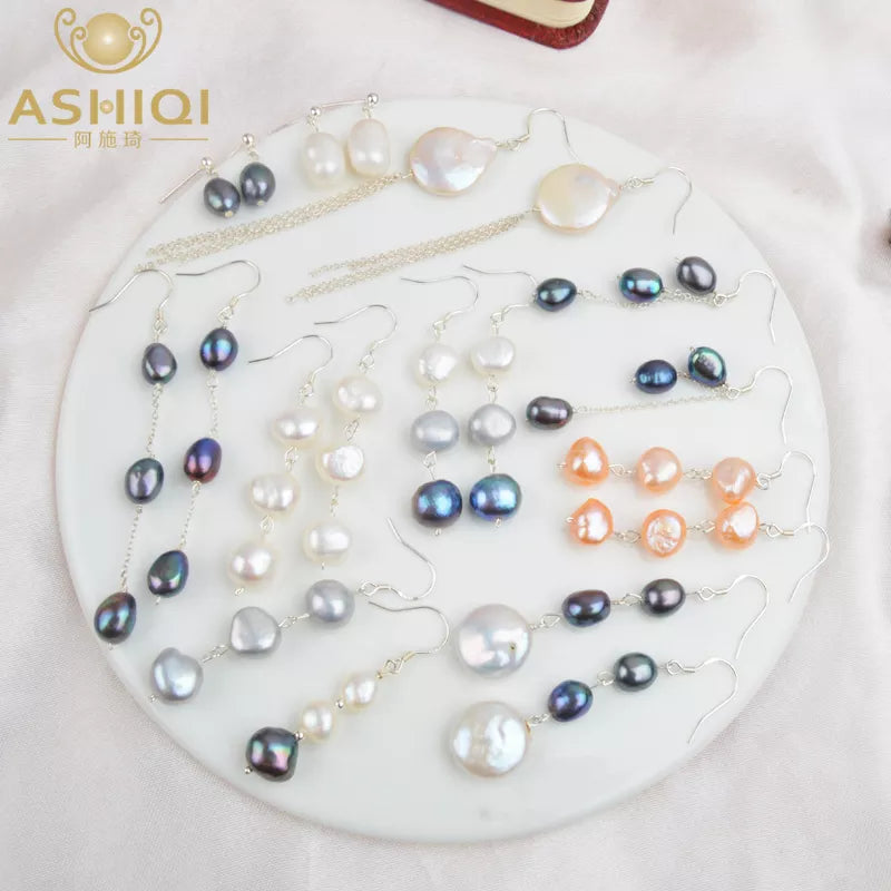 ASHIQI Natural Freshwater Pearl Earrings Real 925 Sterling Silver Long Korean Earrings for Women Big Baroque Pearl Jewelry
