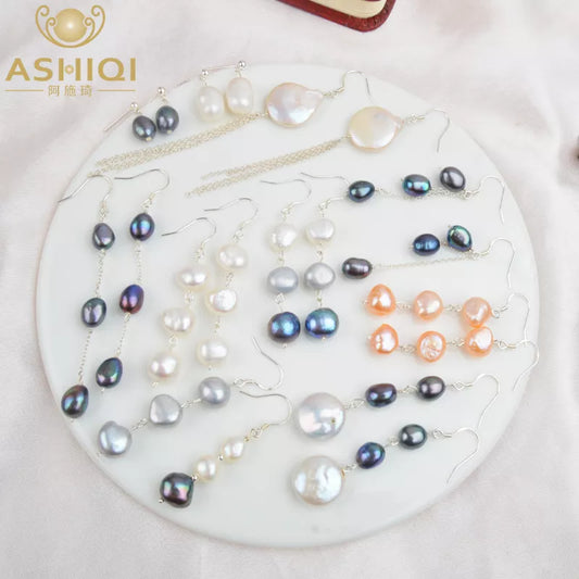 ASHIQI Natural Freshwater Pearl Earrings Real 925 Sterling Silver Long Korean Earrings for Women Big Baroque Pearl Jewelry