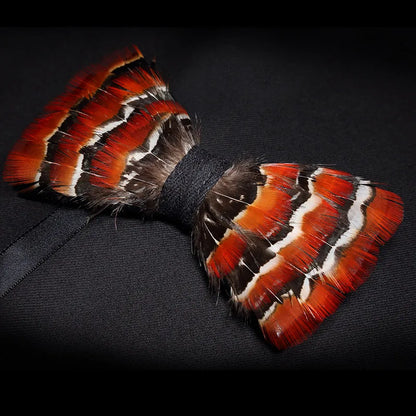 KAMBERFT Designer Brand Handmade Feather and Leather Pre-Tied Bow Tie and Brooch Sets for Men Wedding Party Best Cravate