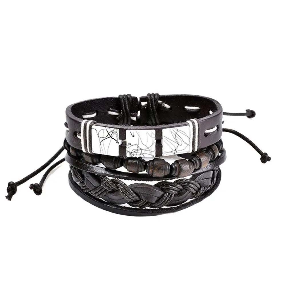 Multilevel Braided Wrap Leather Bracelets for Men Vintage Leather Bracelet Charm Wood Beads Ethnic Wristbands