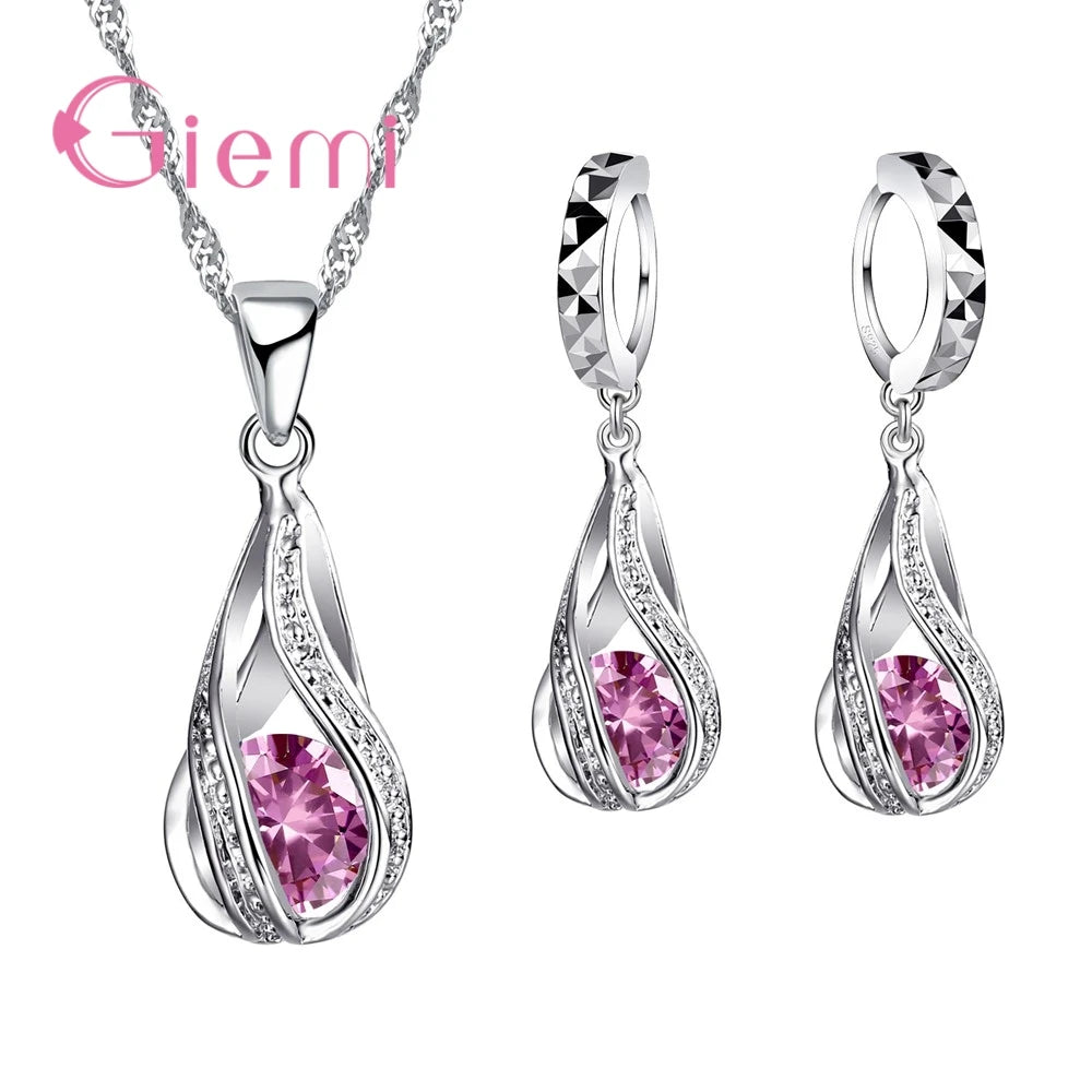 100% 925 Sterling Silver New Water Drop Cubic Zircon Pendant Necklace&Earrings for Women Ladies Jewelry Sets Wedding