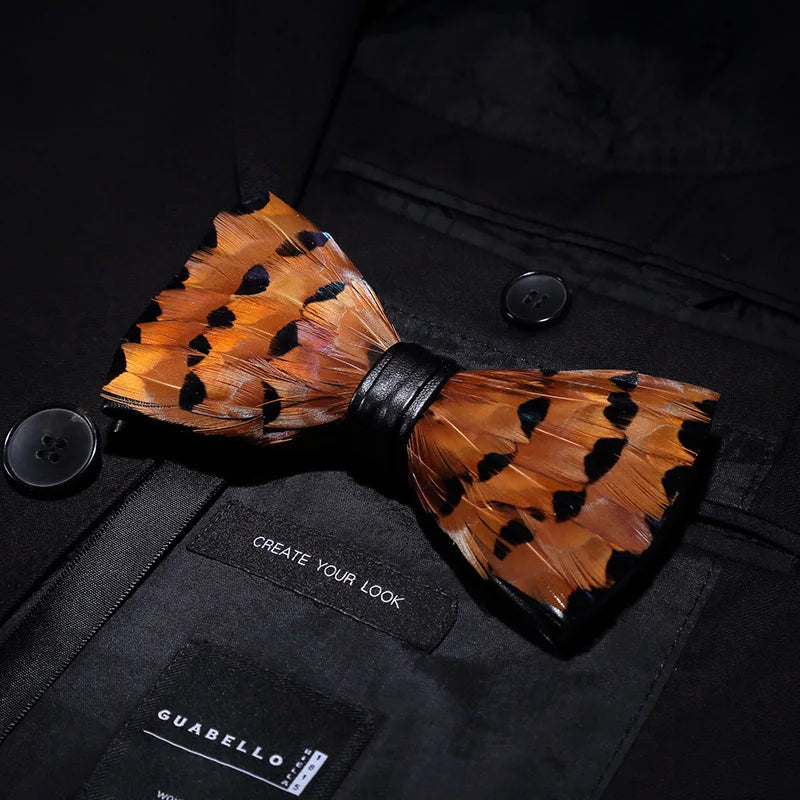 KAMBERFT Designer Brand Handmade Feather and Leather Pre-Tied Bow Tie and Brooch Sets for Men Wedding Party Best Cravate