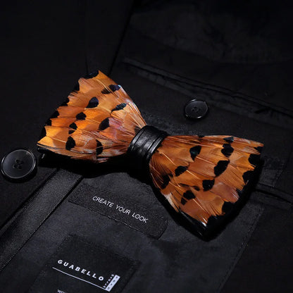 KAMBERFT Designer Brand Handmade Feather and Leather Pre-Tied Bow Tie and Brooch Sets for Men Wedding Party Best Cravate