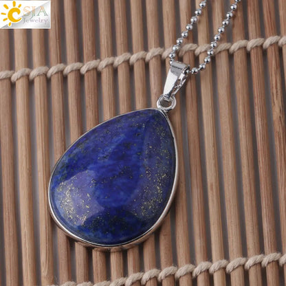 CSJA Natural Stone Pendants  Tiger Eye Pink Quartz Purple Crystal Lapis Necklace Water Drop Flat Bead Women Healing Jewelry F982