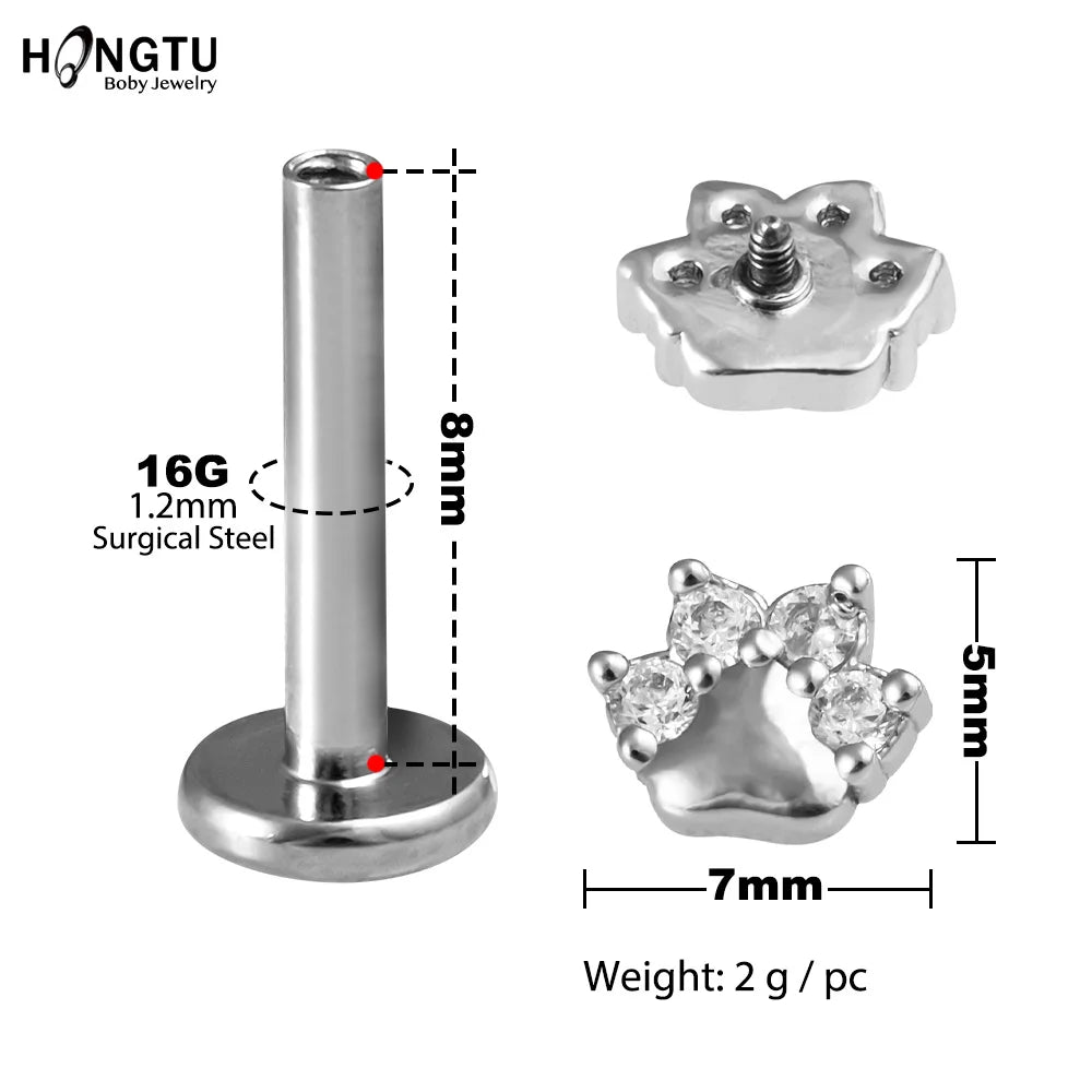 1pc Paw Zircon Labret Lip Ring Stainless Steel Internally Threaded Monroe Ring Body Jewelry 16g Cartilage Tragus Helix Piercing