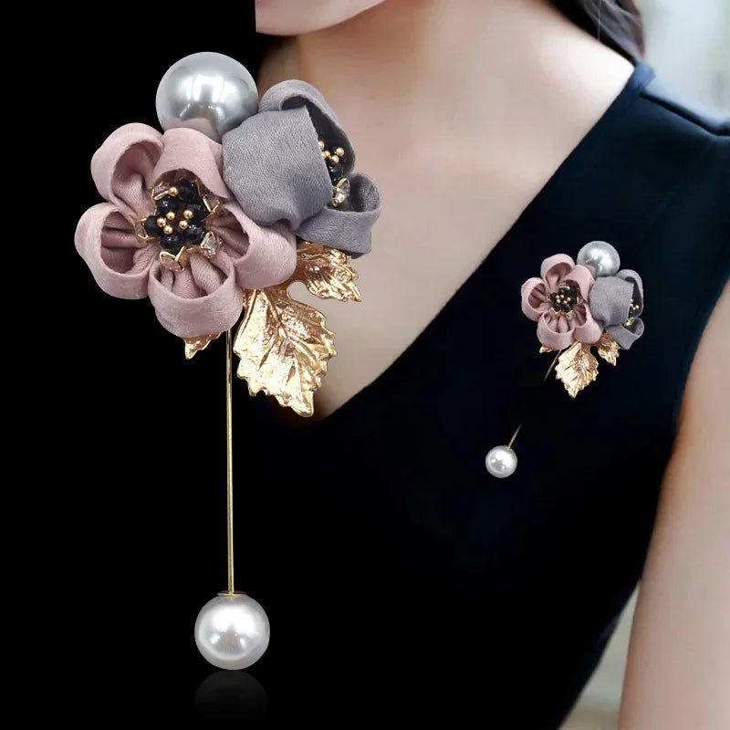 I-Remiel Ladies Cloth Art Pearl Fabric Flower Brooch Pin Cardigan Shirt Shawl Pin Professional Coat Badge Jewelry Accessories