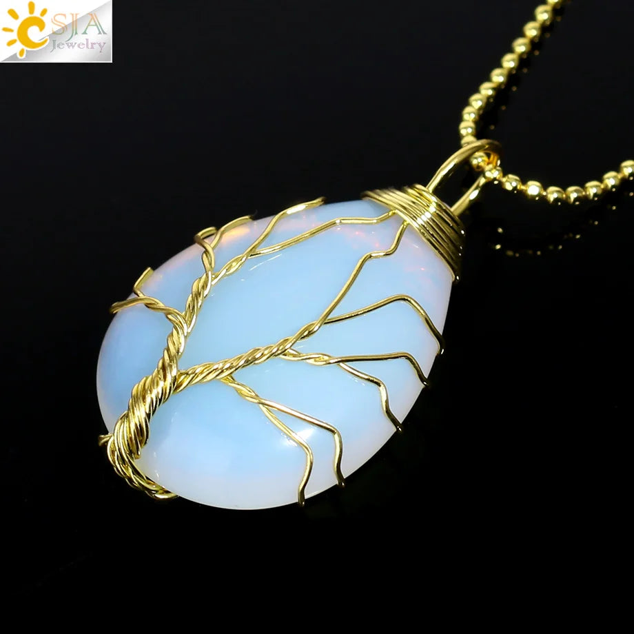 Tiger Eye Tree of Life Crystal Necklace Natural Stone Pendant Wire Wrap Rose Crystals Pink Quartz Amethyst Green Aventurine E585