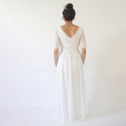Maternity Butterfly Sleeves Bohemian Lace Ivory Wedding Dress #7017