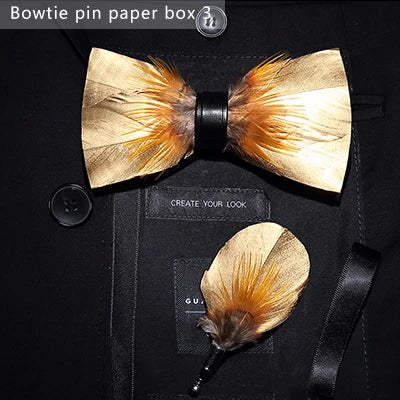 JEMYGINS Bowtie Natural Brid Feather Exquisite Hand Made Men Bow Tie Brooch Pin