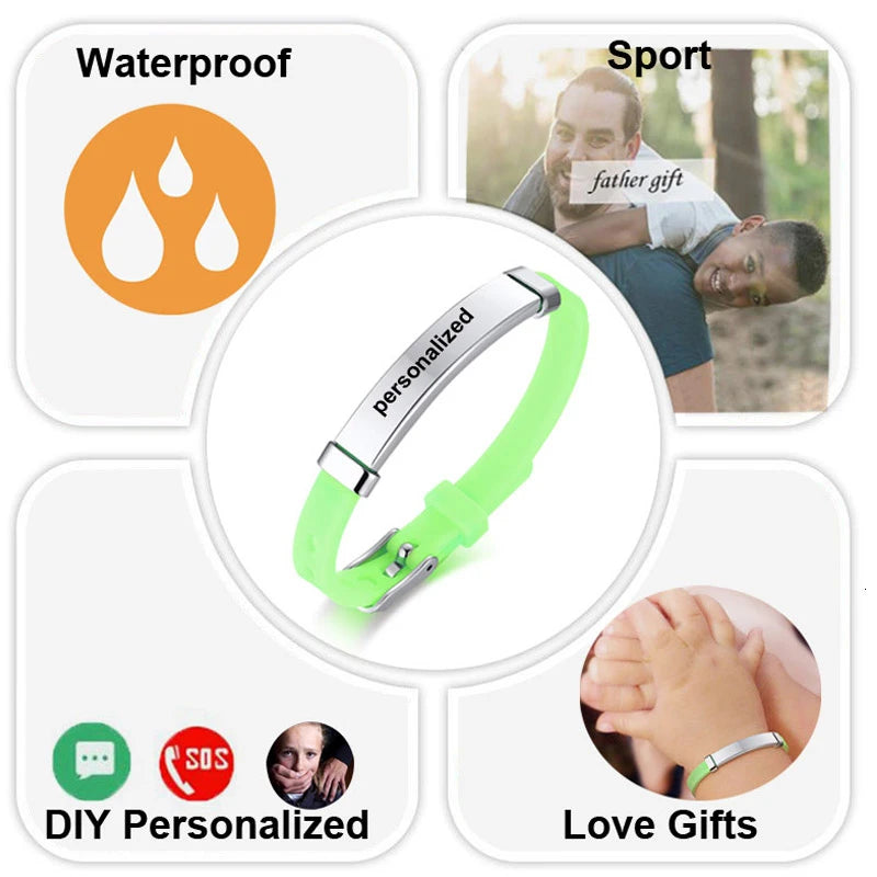Personalized Rubber Silicone Bracelet ID Kids Baby Bracelet Bangle Adjustable Slide Custom Name for Children Women Men Boy