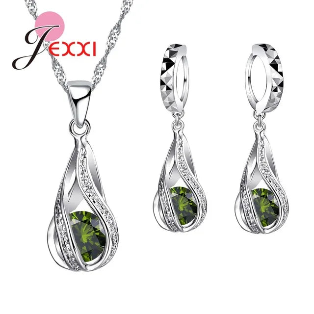 8 Colors Best for Women Girls Friends 925 Sterling Silver Jewelry Set CZ Cubic Zircon Water Drop Necklace Dangle Earrings