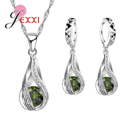 8 Colors Best for Women Girls Friends 925 Sterling Silver Jewelry Set CZ Cubic Zircon Water Drop Necklace Dangle Earrings