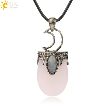 CSJA Natural Stone Crystal Pendants Necklace Antique Silver Color Purple Pink Quartz Necklace Jewelry Crown Moon Charm G274